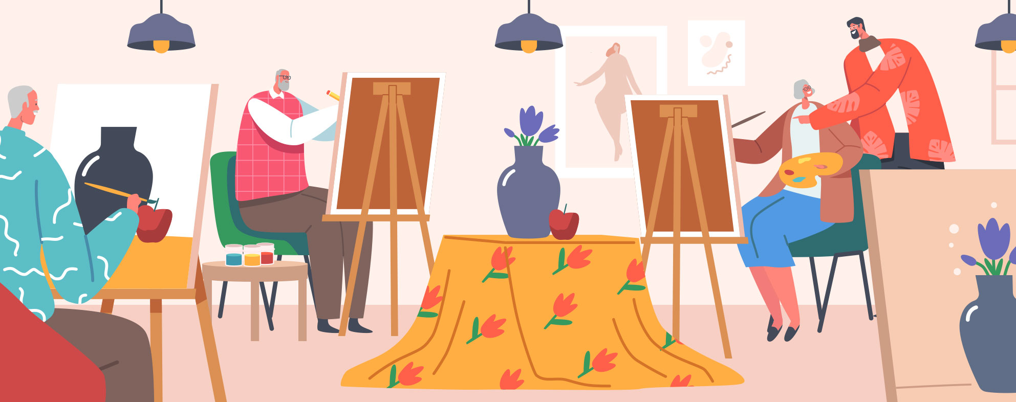 animated graphic of people in an art class painting a still life