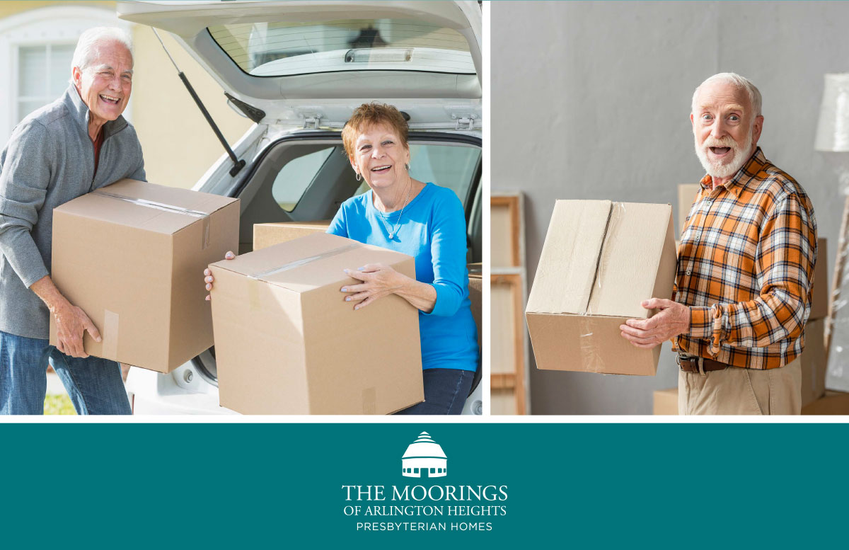 Collage of senior couple packing moving boxes